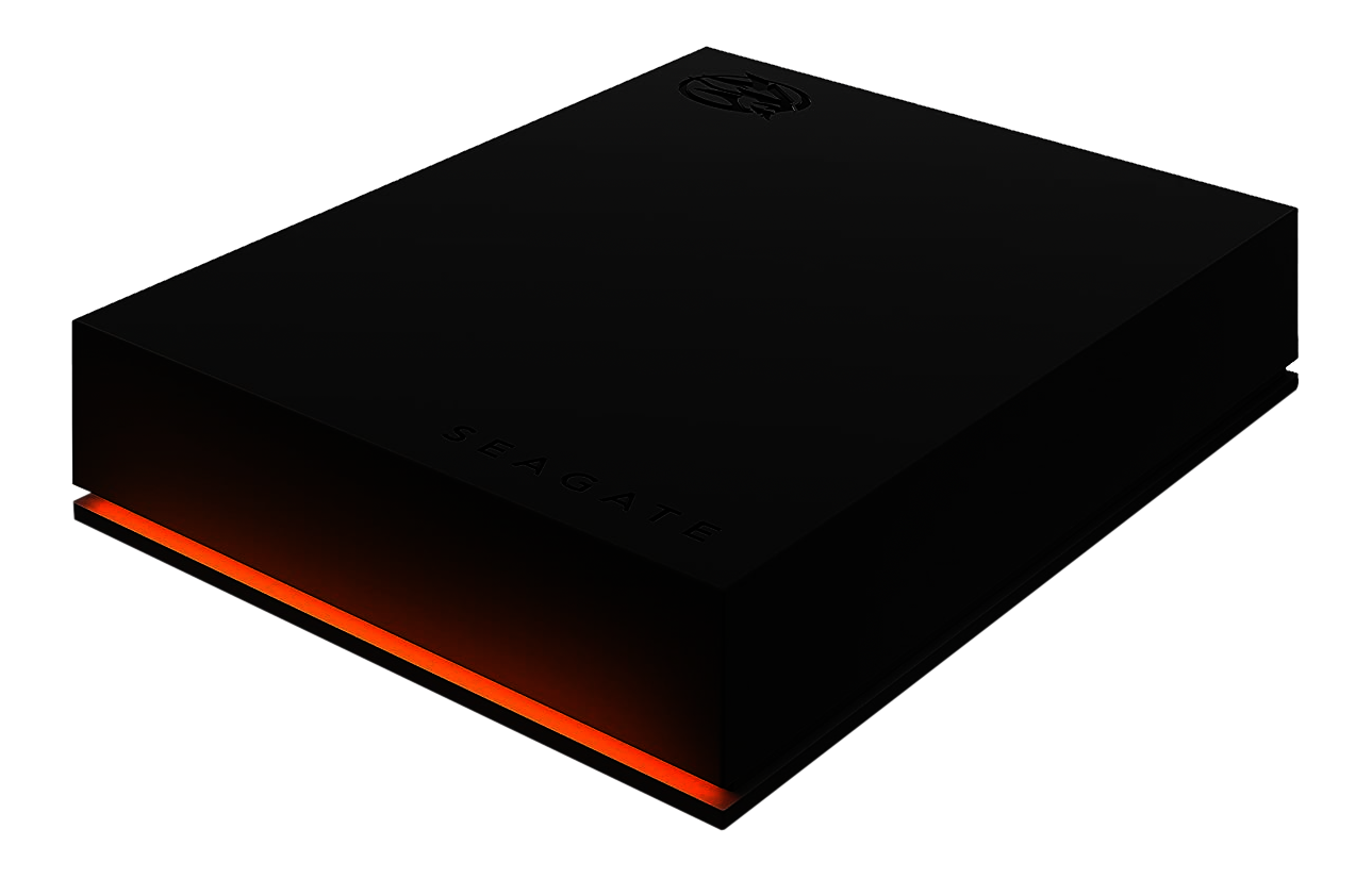 Schwarze externe Festplatte. Oranges Licht unten. Schwarzer Hintergrund.