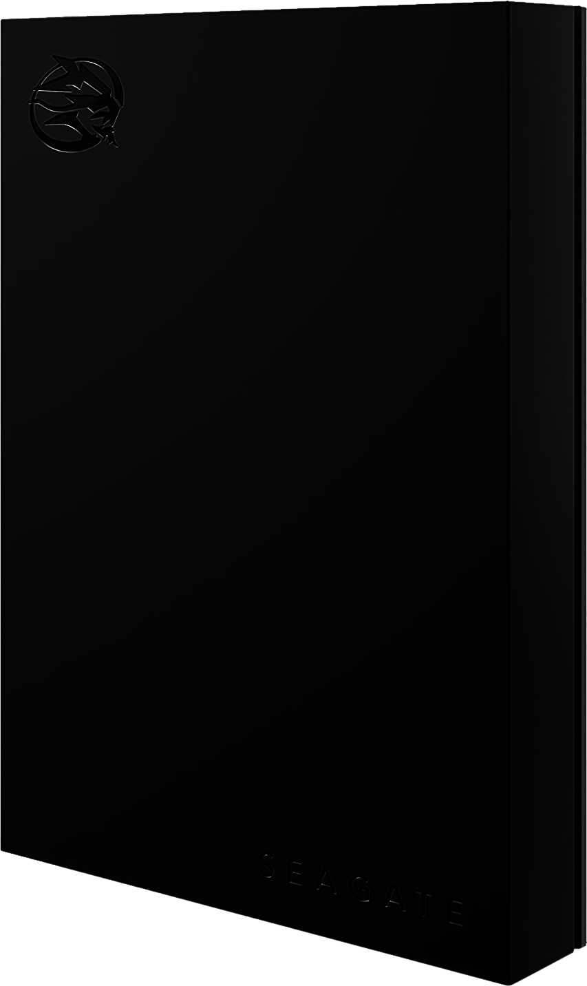 Schwarze externe Festplatte von Seagate. Seagate-Logo an der Seite, schlankes Design.