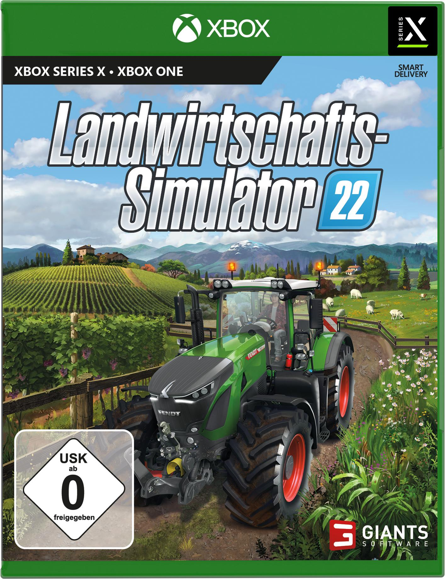 Landwirtschafts-Simulator 22 Spielcover mit Traktor auf Feld.