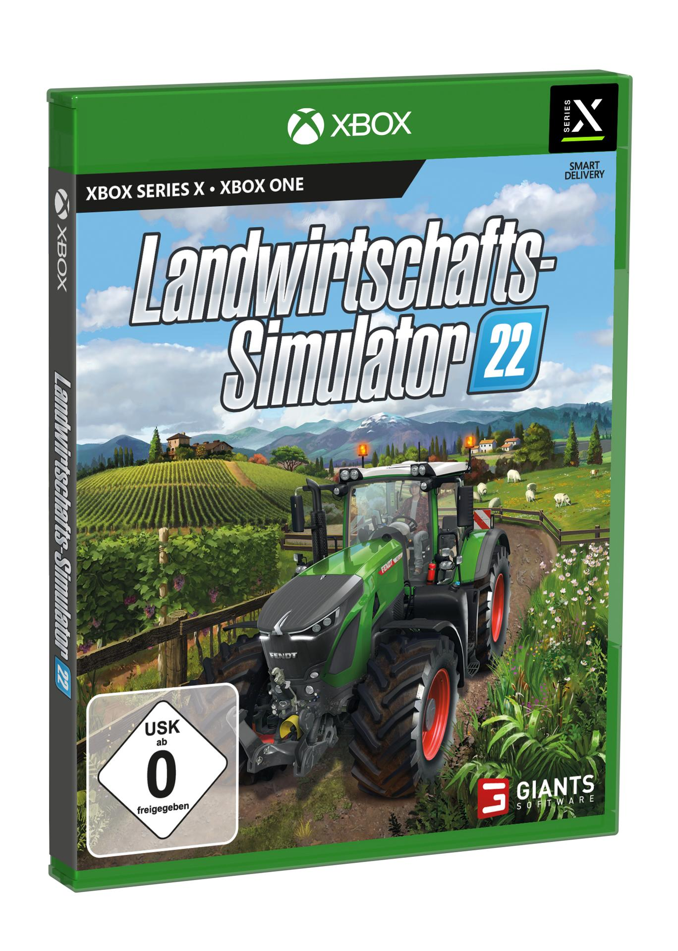 Spielbox 'Landwirtschafts-Simulator 22' für Xbox Series X/Xbox One. Grün-weißes Design.