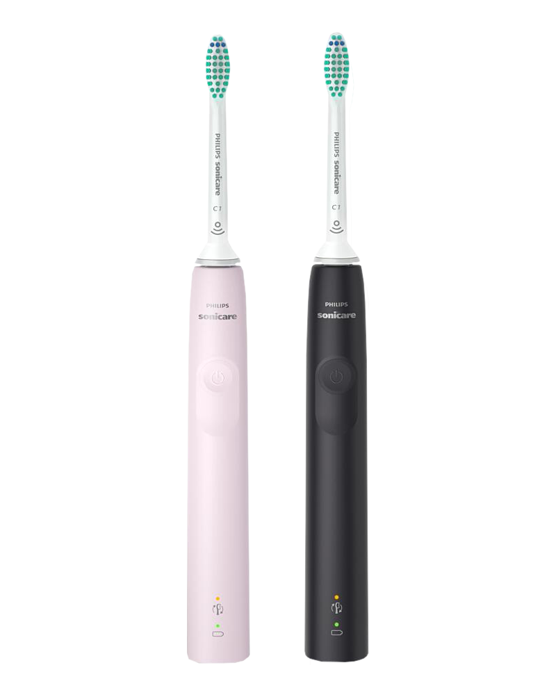 Zwei Philips Sonicare elektrische Zahnbürsten, rosa und schwarz. Weiße Bürstenköpfe.
