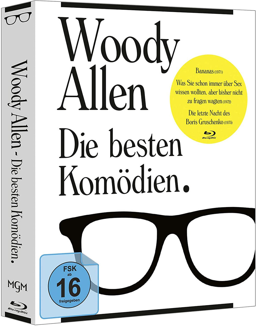 Box-Set von Woody Allen-Komödien mit Brillen-Grafik und Titel 'Die besten Komödien'.