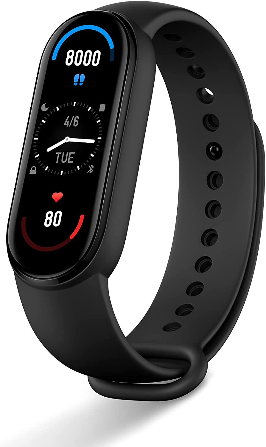 Siyah fitness takip cihazı, bilekte adım, zaman ve kalp atış hızını gösteriyor.