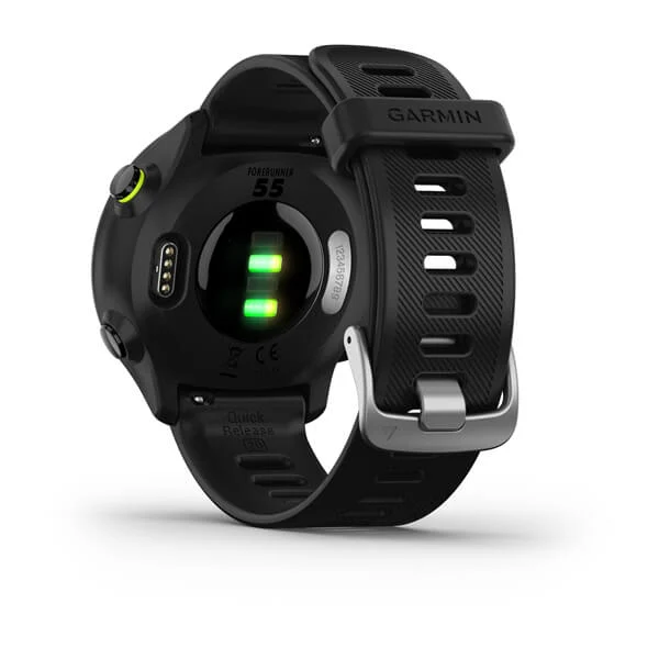 Schwarze Garmin Forerunner 55 Smartwatch, Rückansicht, Herzfrequenzsensor zeigend.
