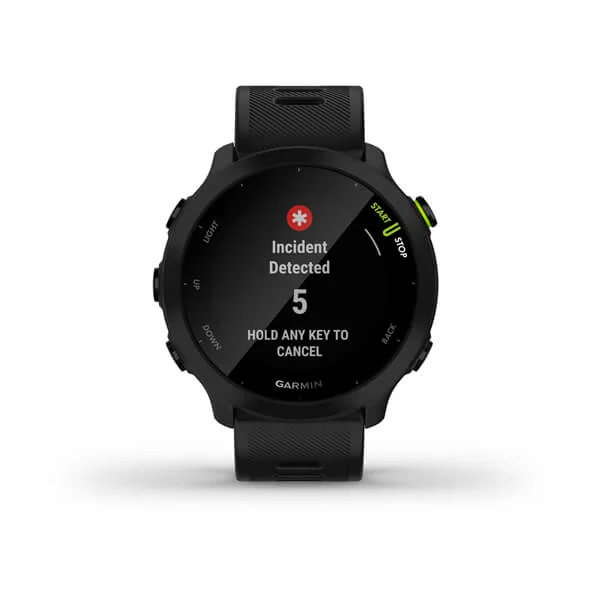 Eine schwarze Garmin-Uhr, die 'Incident Detected', die Zahl 5 und 'Hold any key to cancel' anzeigt.
