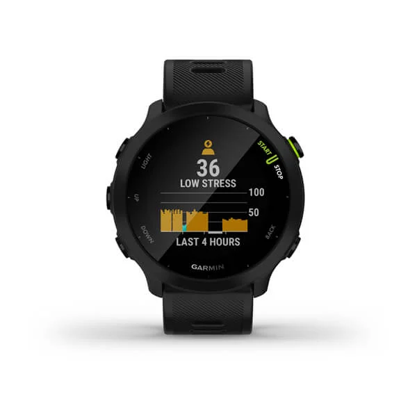Schwarze Garmin Smartwatch mit Stresslevel-Anzeige. Text auf dem Bildschirm, schwarzes Armband.