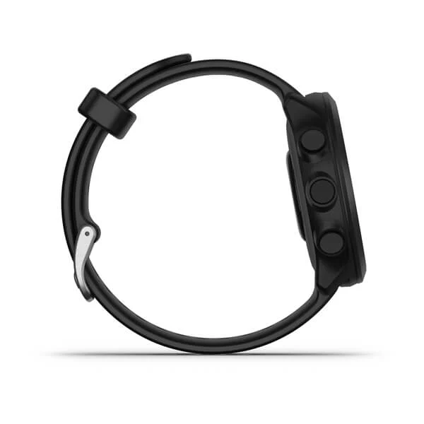 Eine schwarze Garmin-Uhr mit Armband. Seitenansicht, Knöpfe sichtbar.