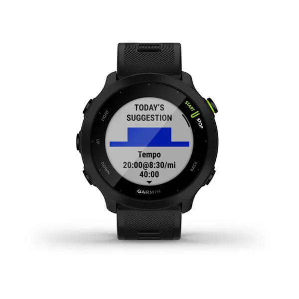 Schwarze Garmin-Uhr mit einem weißen Bildschirm, der ein blaues Balkendiagramm und Text anzeigt.