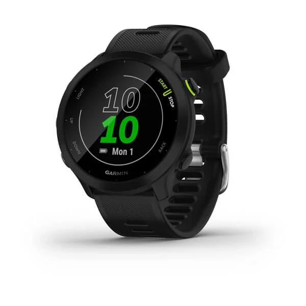 Schwarze Garmin Smartwatch mit digitaler Anzeige von Uhrzeit und Datum, weißer Hintergrund.