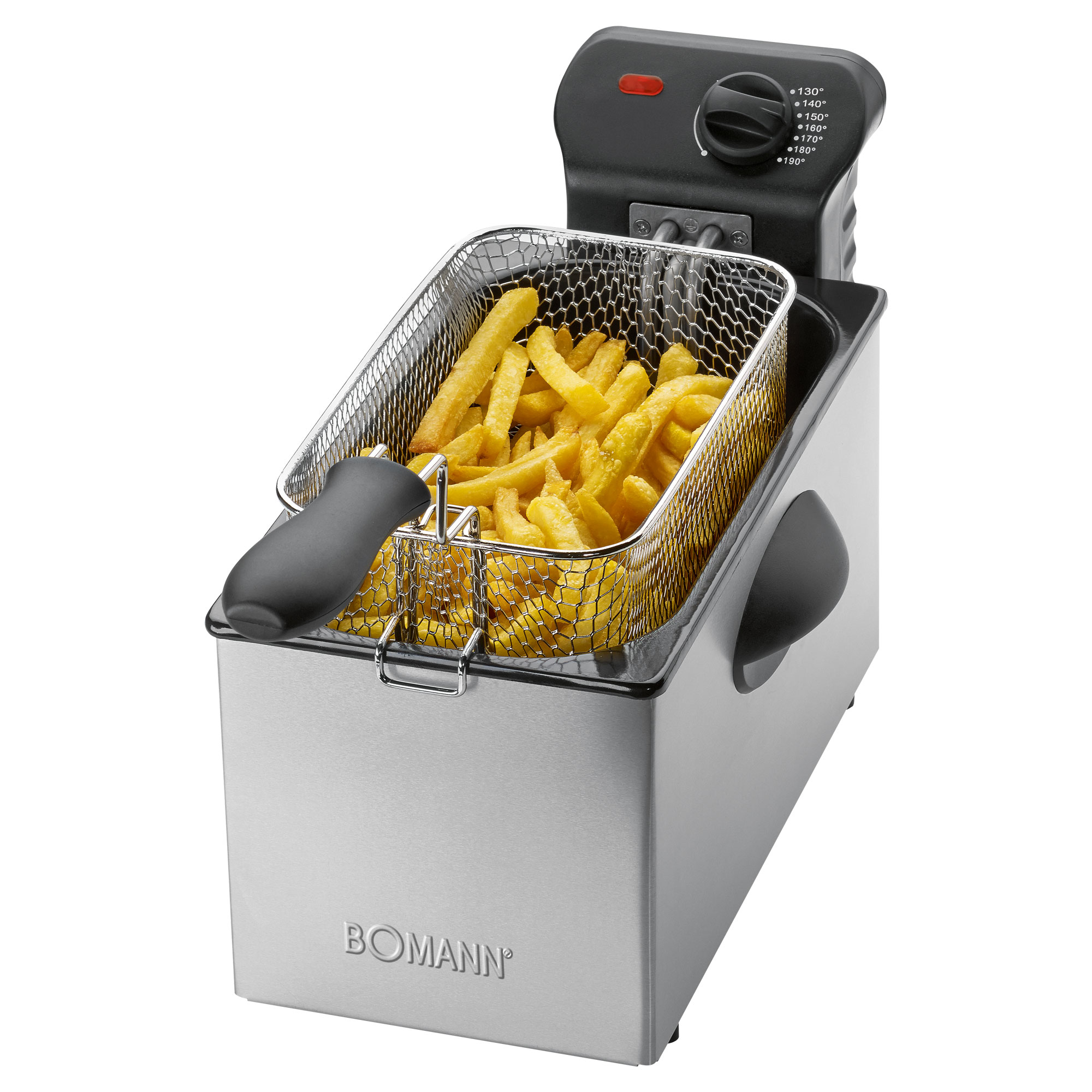 Edelstahl-Fritteuse mit einem Korb voller Pommes. Schwarzer Griff.