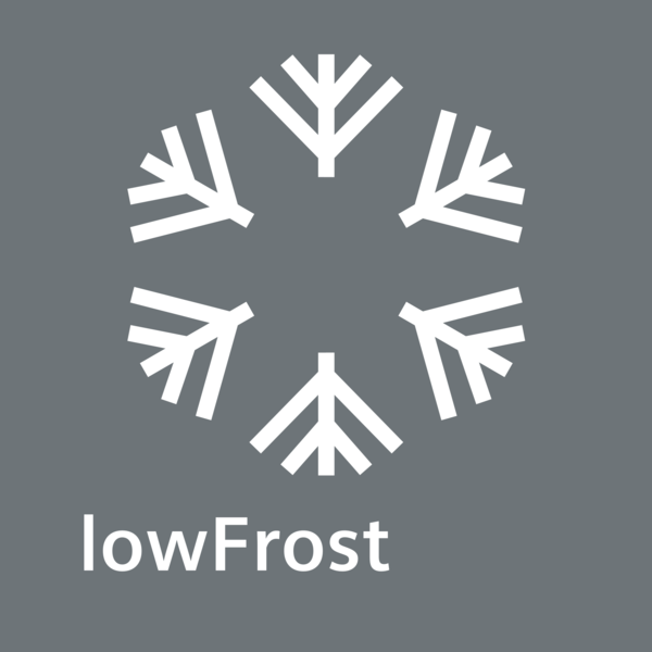 Ein weißes Schneeflocken-Logo mit dem Text lowFrost auf grauem Hintergrund.