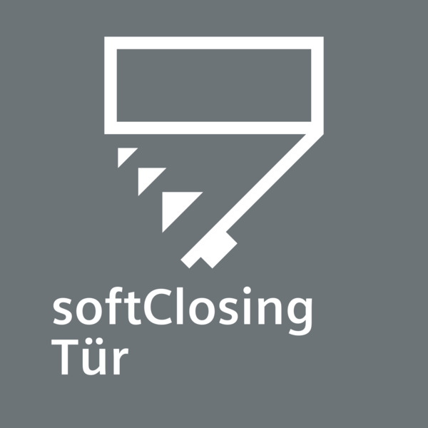 Graues Quadrat mit Text 'softClosing Tür' in Weiß, auf grauem Hintergrund.