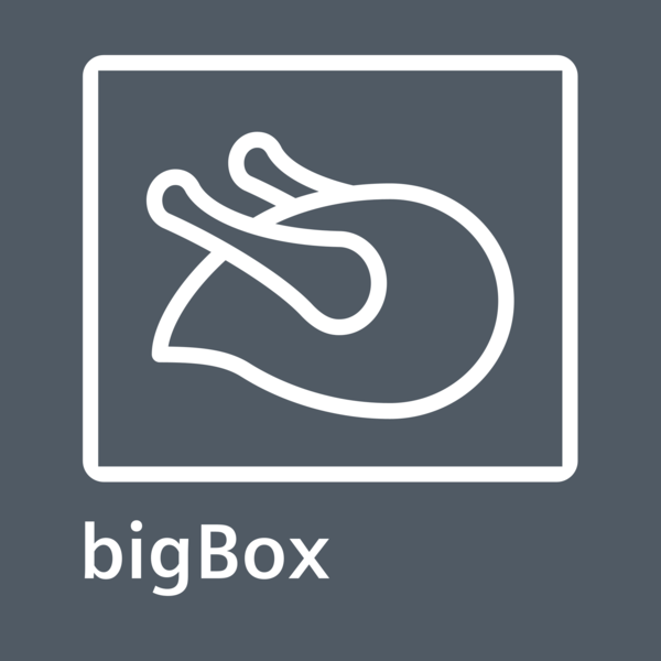 Symbol eines gebratenen Hähnchens in weißem Rahmen auf dunkelgrauem Hintergrund. 'bigBox' unten.