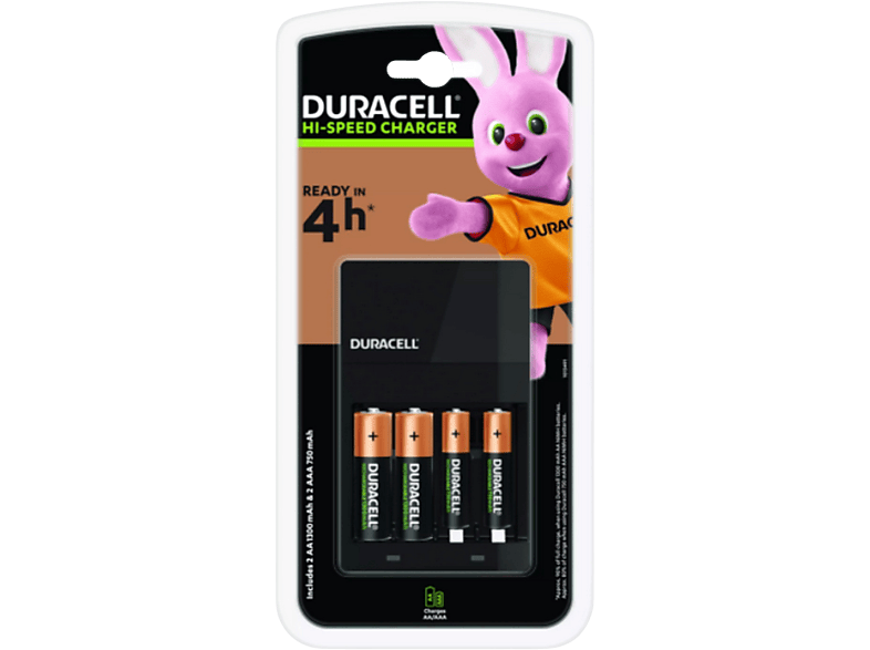 Pilas recargables con cargador – Duracell CEF14, 4 (2 AA y 2 AAA), 4h de carga, Negro