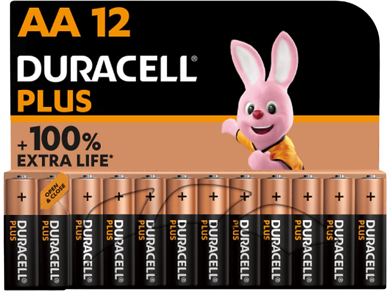 Pilas AA – Duracell PLUS MX1500 LR06 / LR6, alcalinas 1.5 V, Paquete 12 unidades, Negro