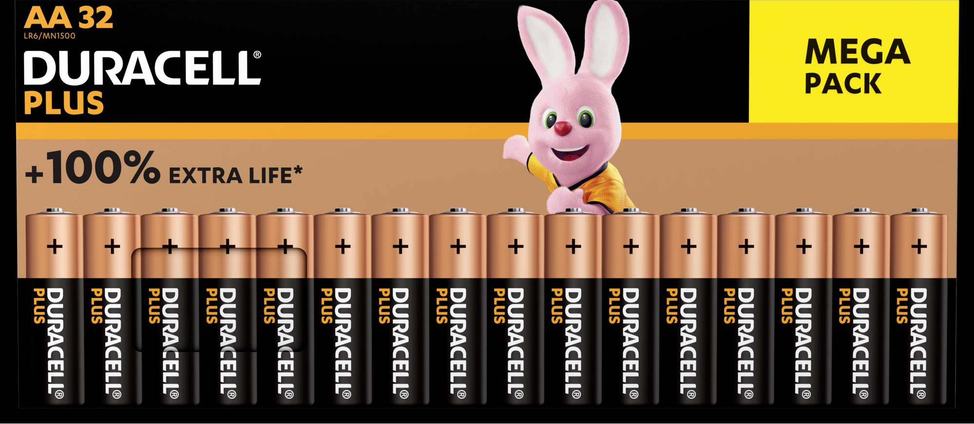 Duracell Plus AA Batterien, eine Packung mit einem rosa Hasen und dem Text 'Mega Pack'.