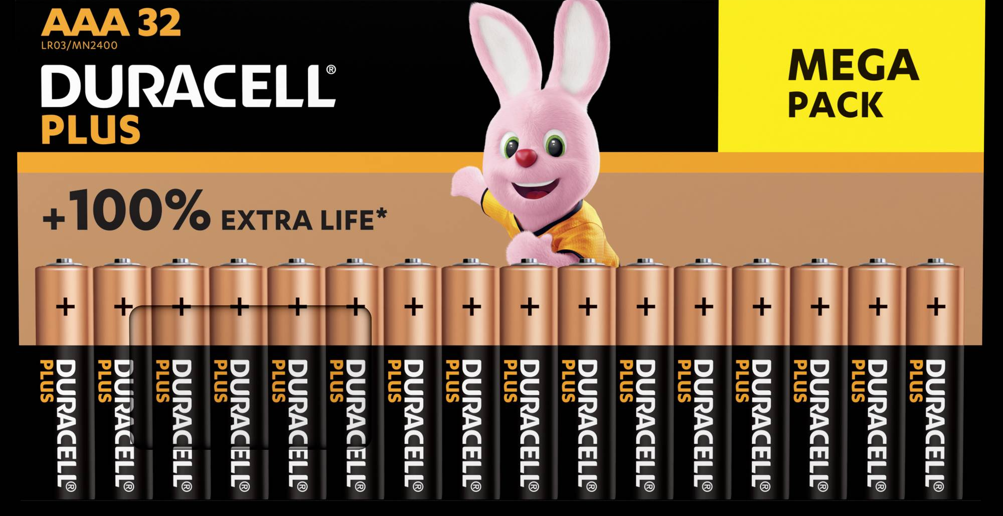 Duracell Plus Batterien in einer Mega-Packung mit rosa Hasenlogo.