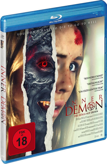 Blu-ray-Cover eines Horrorfilms; das Gesicht einer Frau wird zerrissen, um ein Dämonengesicht zu zeigen.