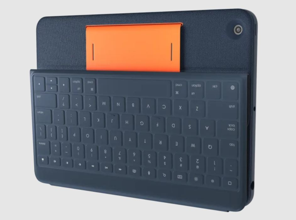 Ein dunkelblaues Tablet mit abnehmbarer Tastaturhülle. Die Tastatur ist dunkelblau mit weißen Tasten.