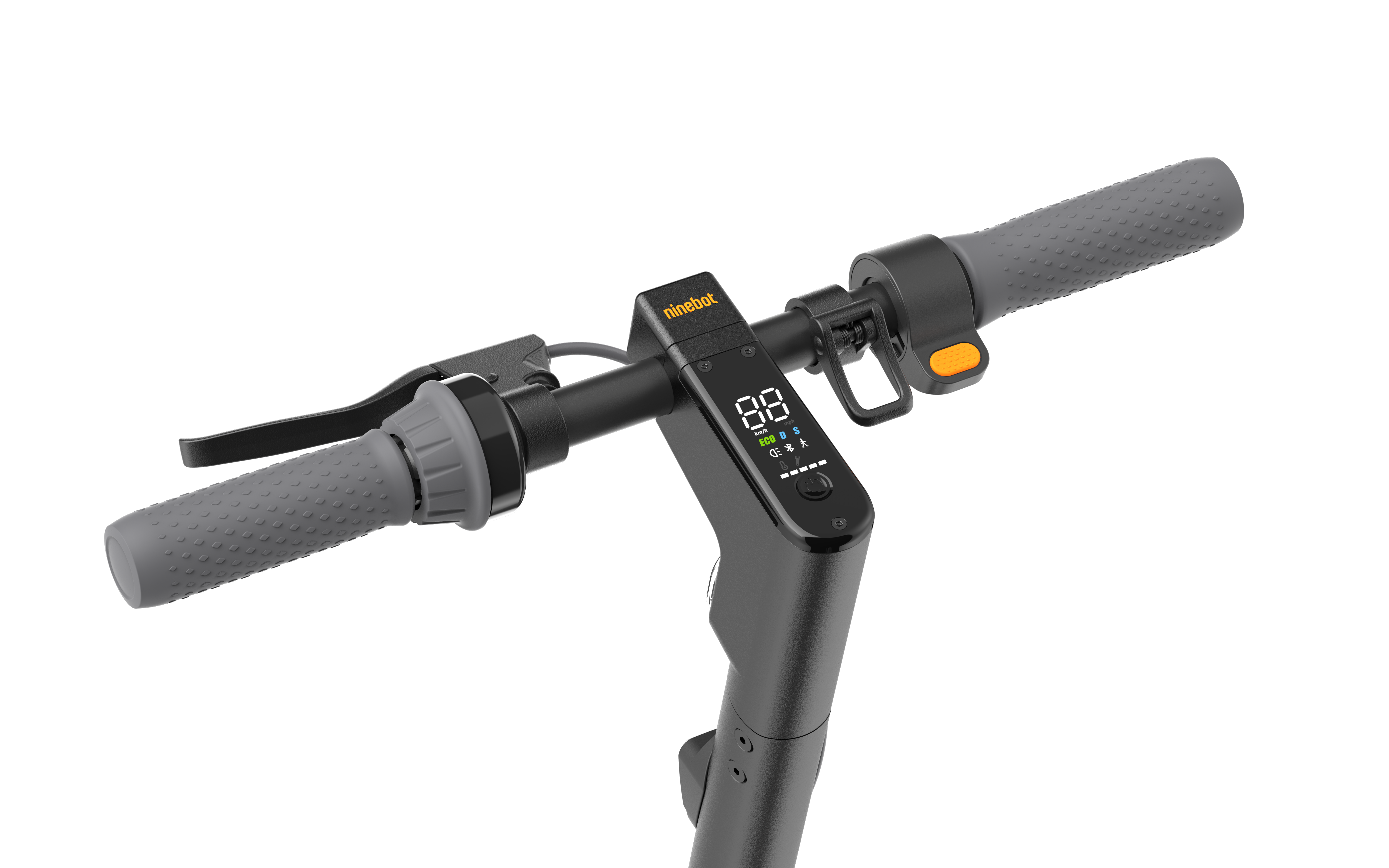 Nahaufnahme eines Elektroroller-Lenkers mit Digitalanzeige und Bedientasten. Schwarzer Hintergrund.