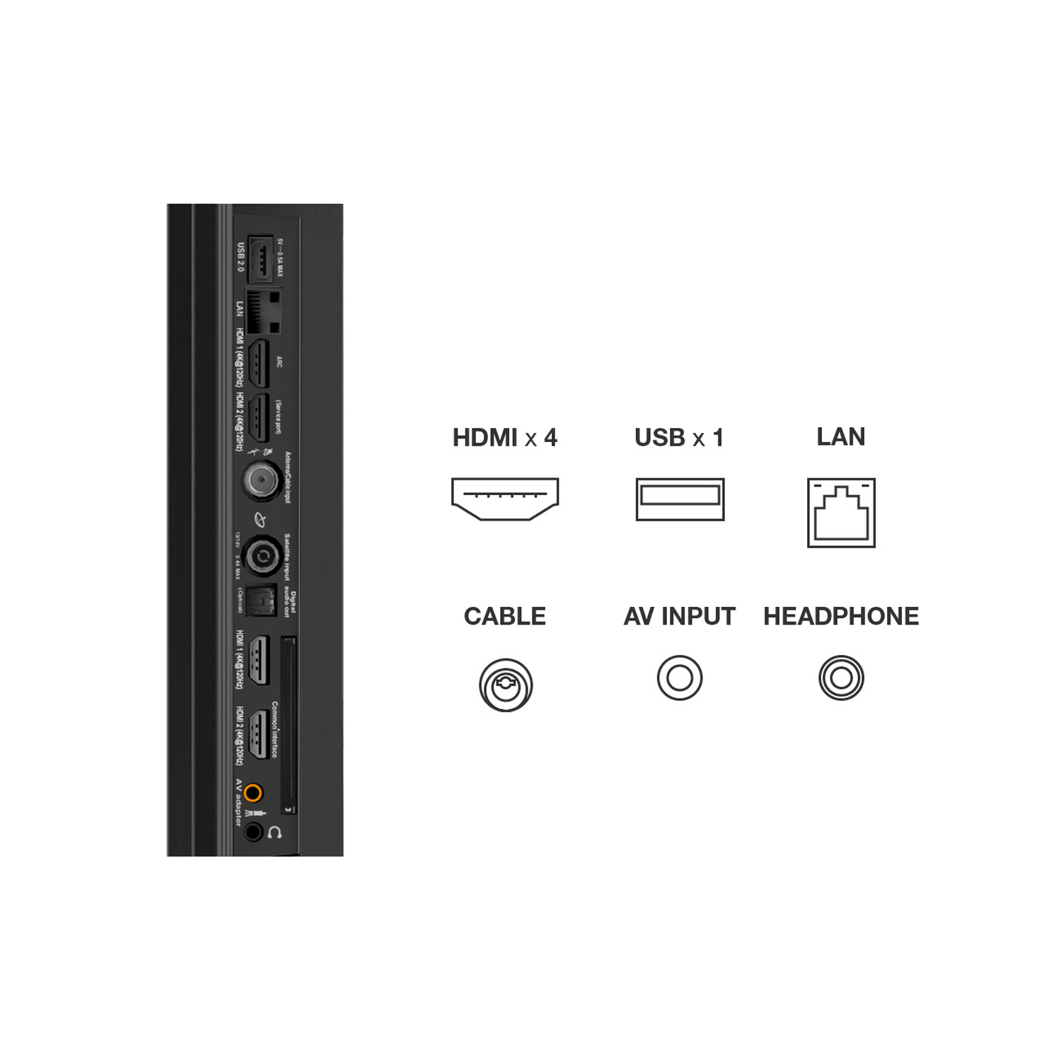 Primer plano de un panel de entrada de TV negro con puertos HDMI, USB, LAN y más.