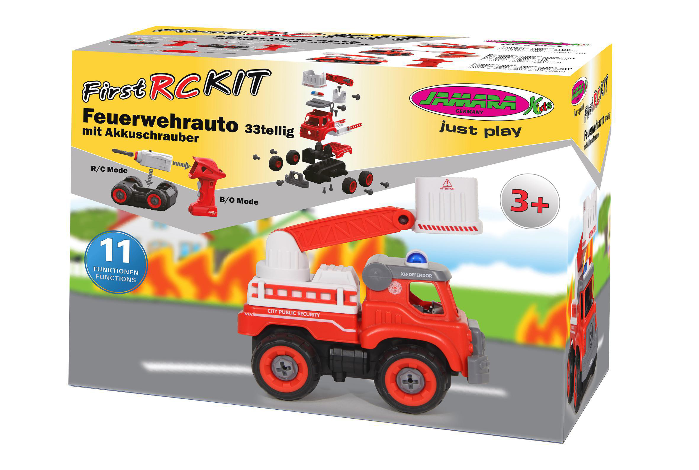 Kit Rot 33teilig Akkuschrauber JAMARA mit Spieleinsatzfahrzeuge, First Feuerwehrauto RC