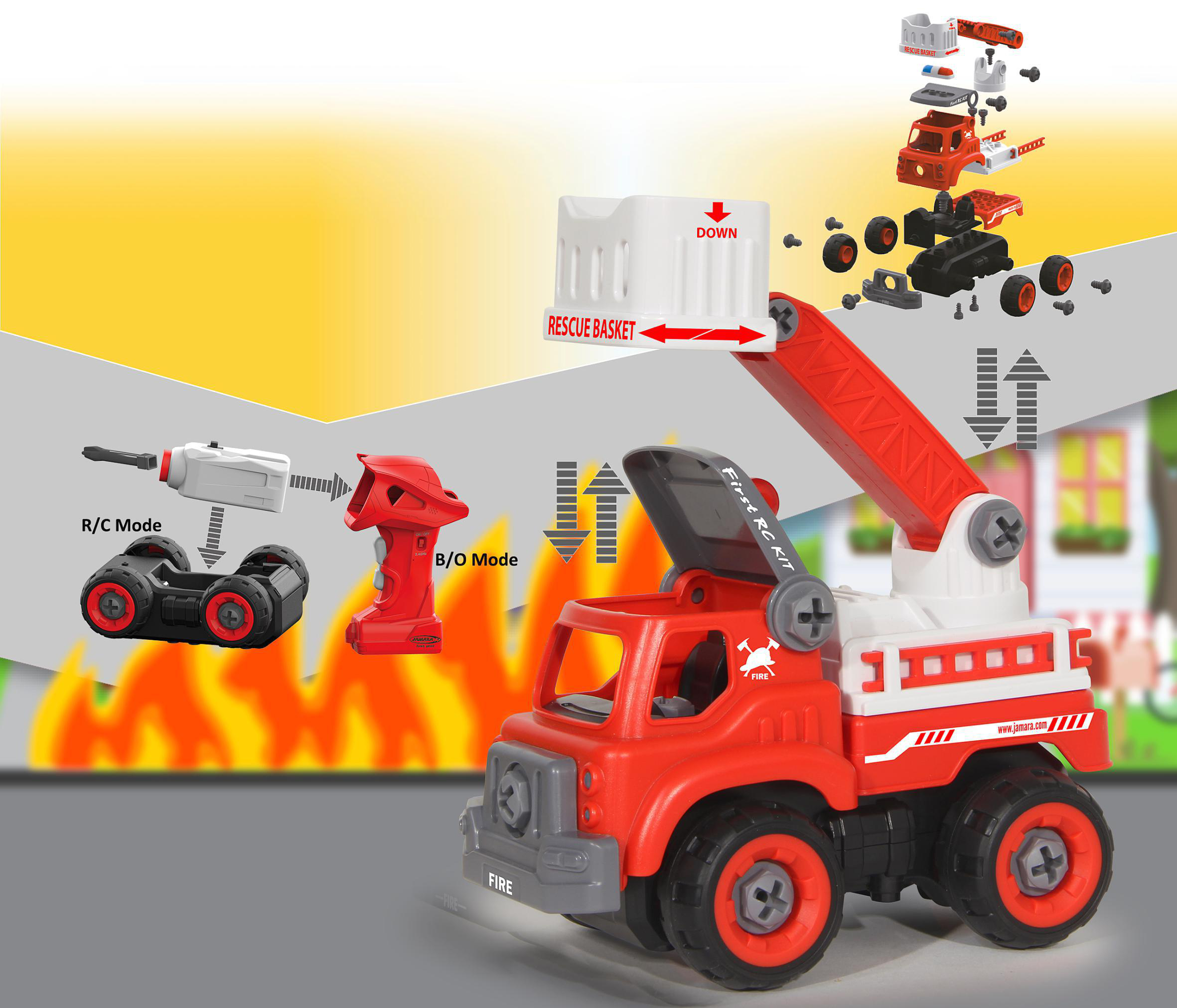 JAMARA Feuerwehrauto RC 33teilig First Kit mit Spieleinsatzfahrzeuge, Rot Akkuschrauber