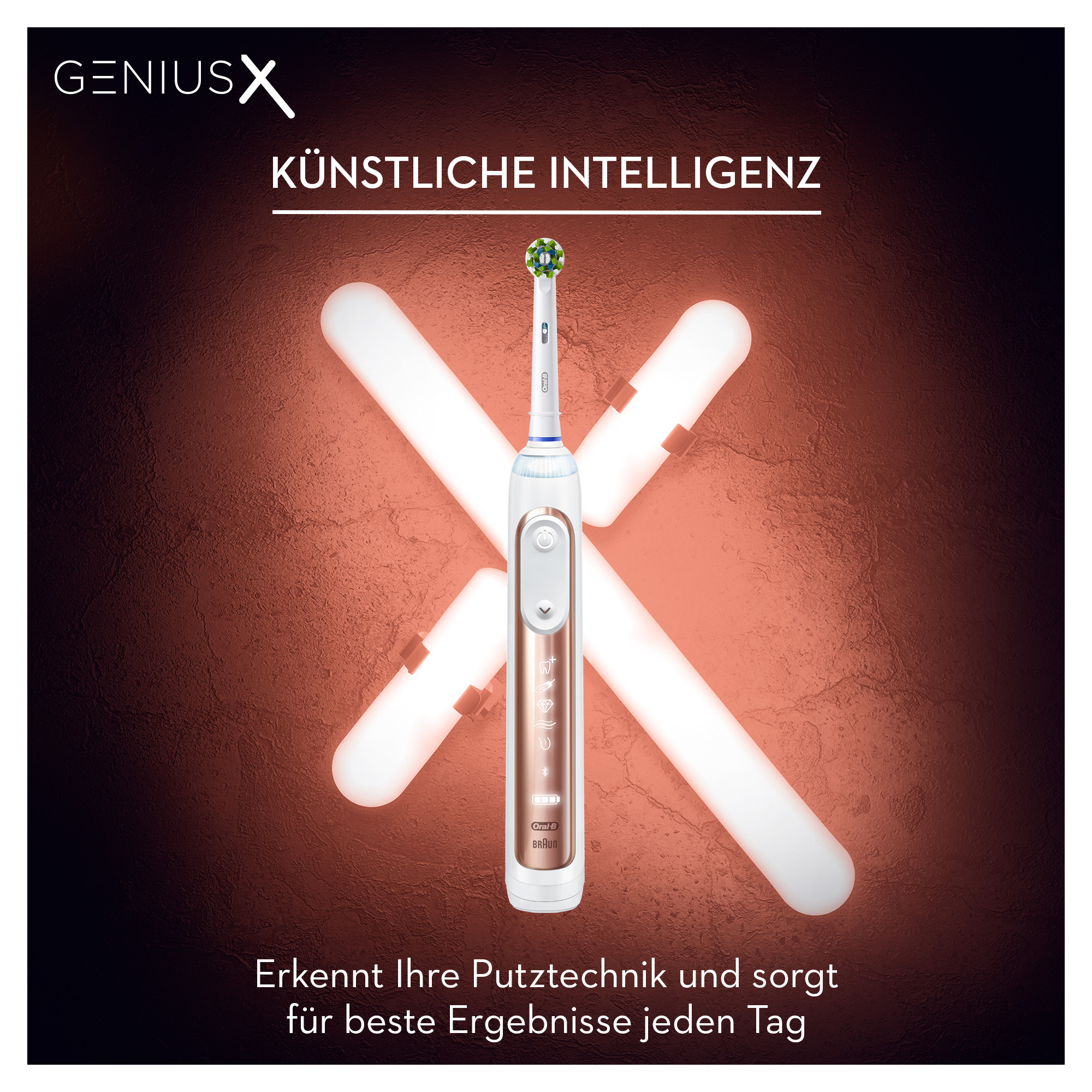 Elektrische Zahnbürste mit weißem Griff und roségoldfarbenem Akzent, in der Nähe eines kreuzförmigen Symbols.