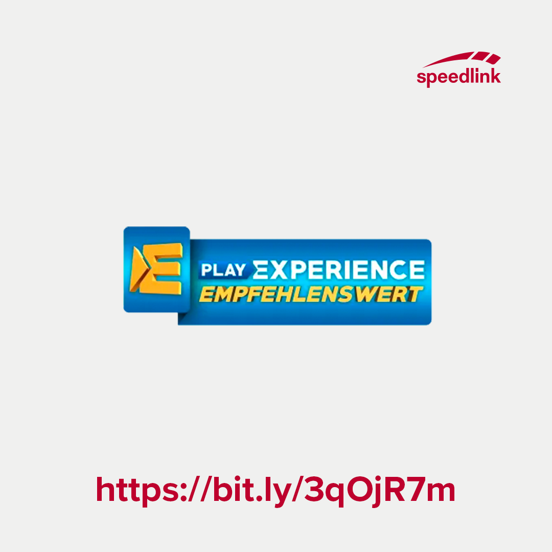 Bild mit Speedlink-Logo und Text "PLAY EXPERIENCE EMPFEHLENSWERT". Enthält einen bit.ly-Link. Farben: Blau, Gelb und Rot.