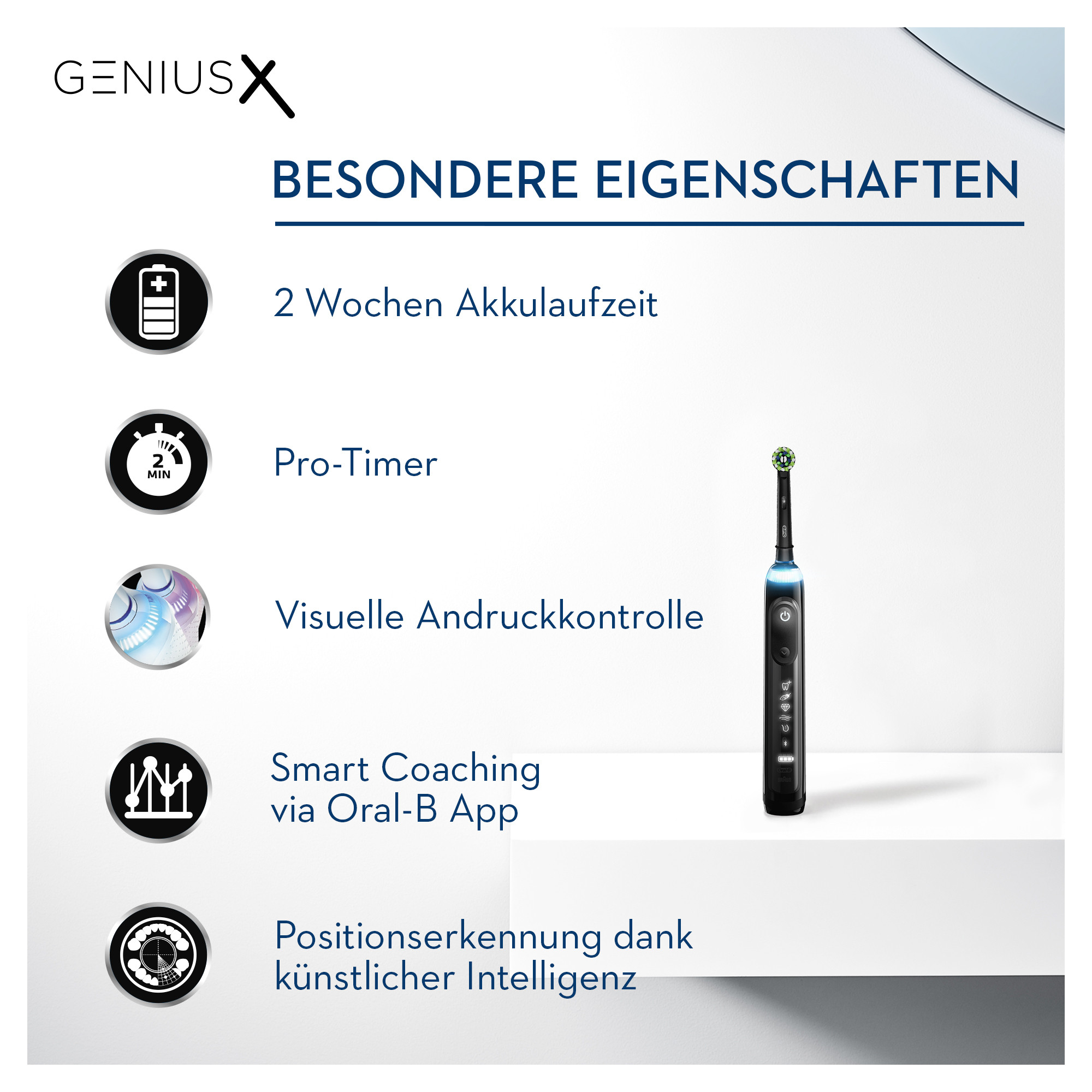 Elektrische Zahnbürste Oral-B Genius X mit Funktionsbeschreibung und schwarzer Zahnbürste.