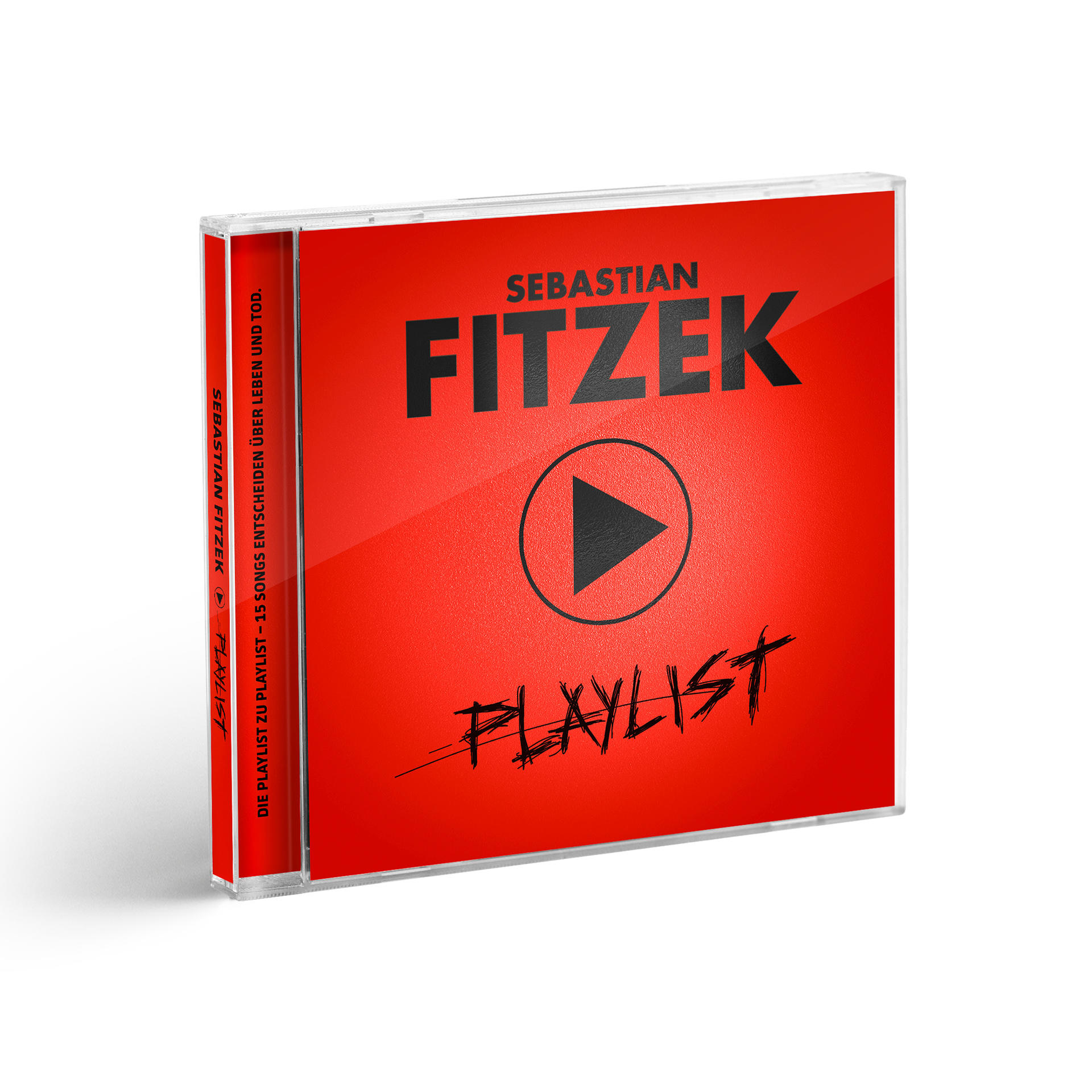 CD-Hülle auf rotem Hintergrund mit Play-Button-Grafik und 'PLAYLIST'-Text. Musik-Künstlername 'Sebastian Fitzek'.