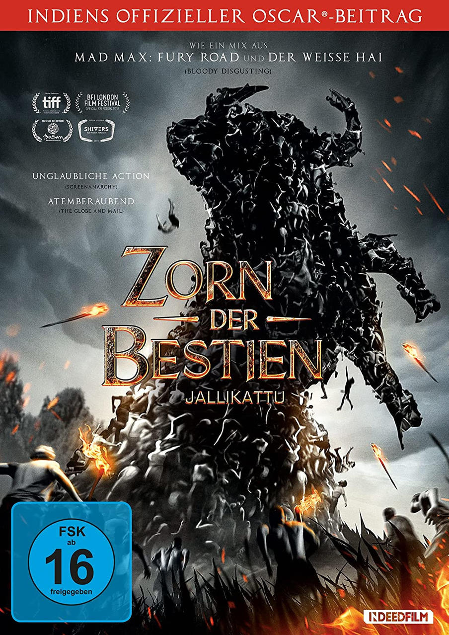 Filmposter. Silhouette von Menschen, die ein Monster bilden, über Text in Orange und Weiß.