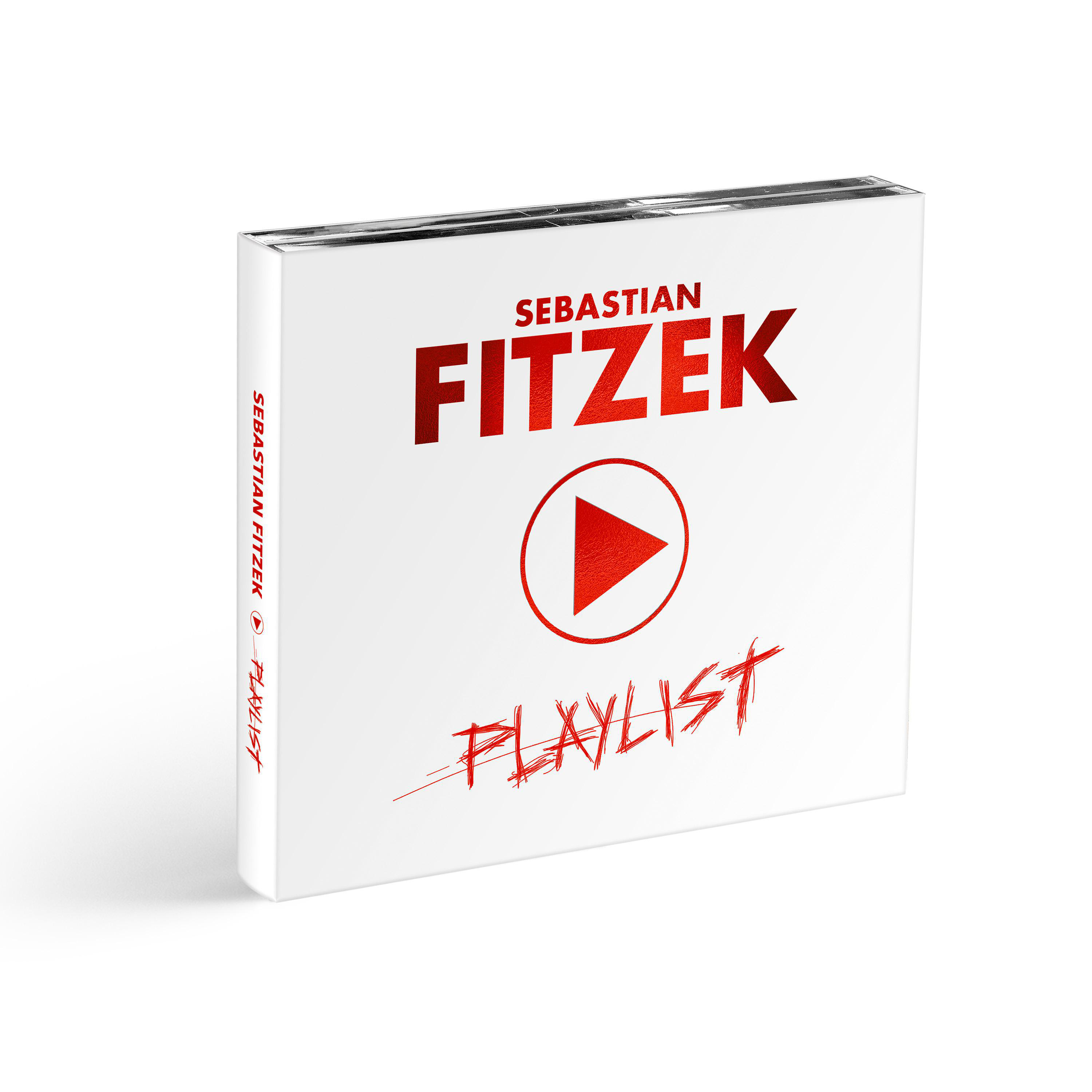 Weißes CD-Cover mit rotem Text und einem Play-Button. Künstlername und Albumtitel sind sichtbar.
