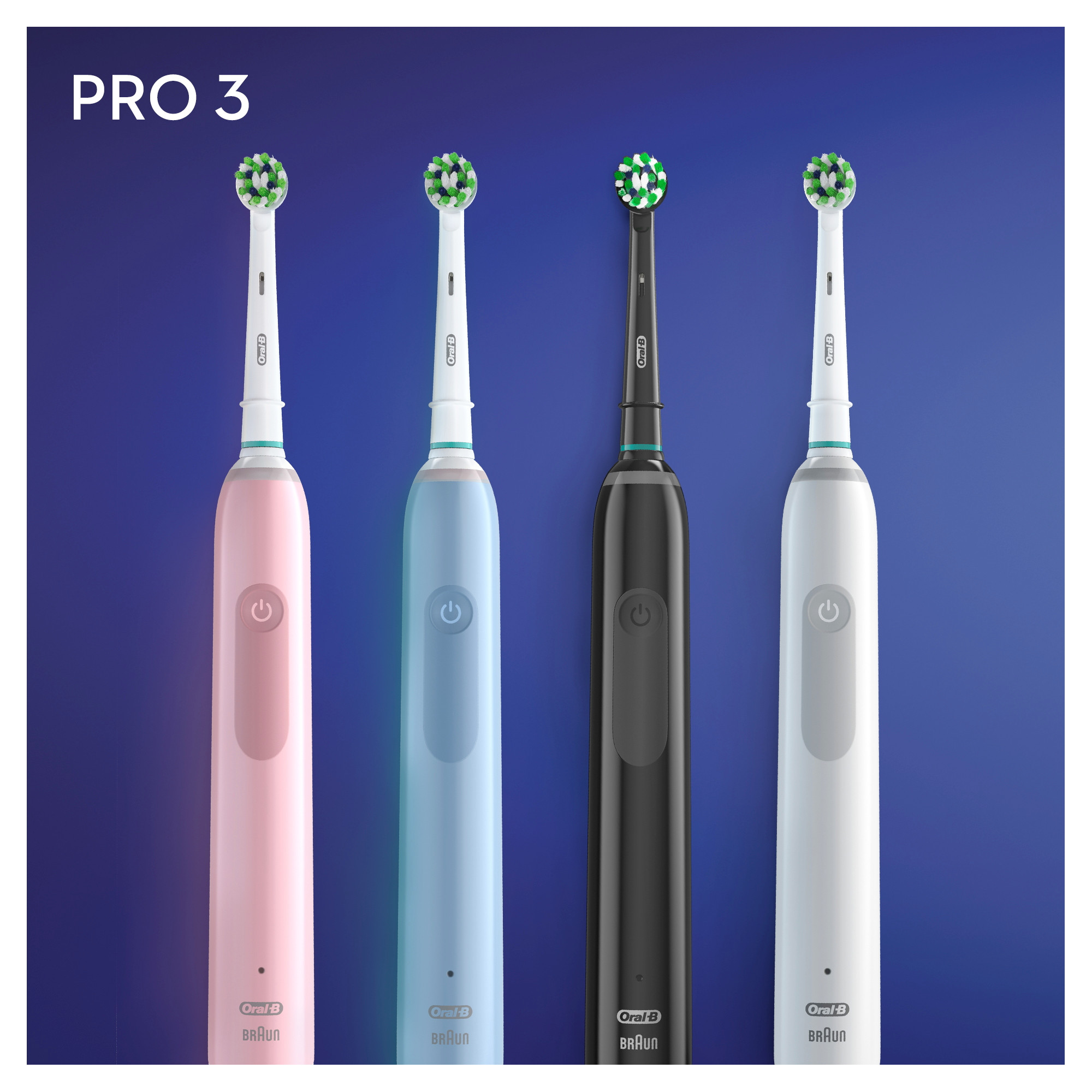 Vier elektrische Zahnbürsten in Rosa, Blau, Schwarz und Weiß. 'PRO 3' Text oben.