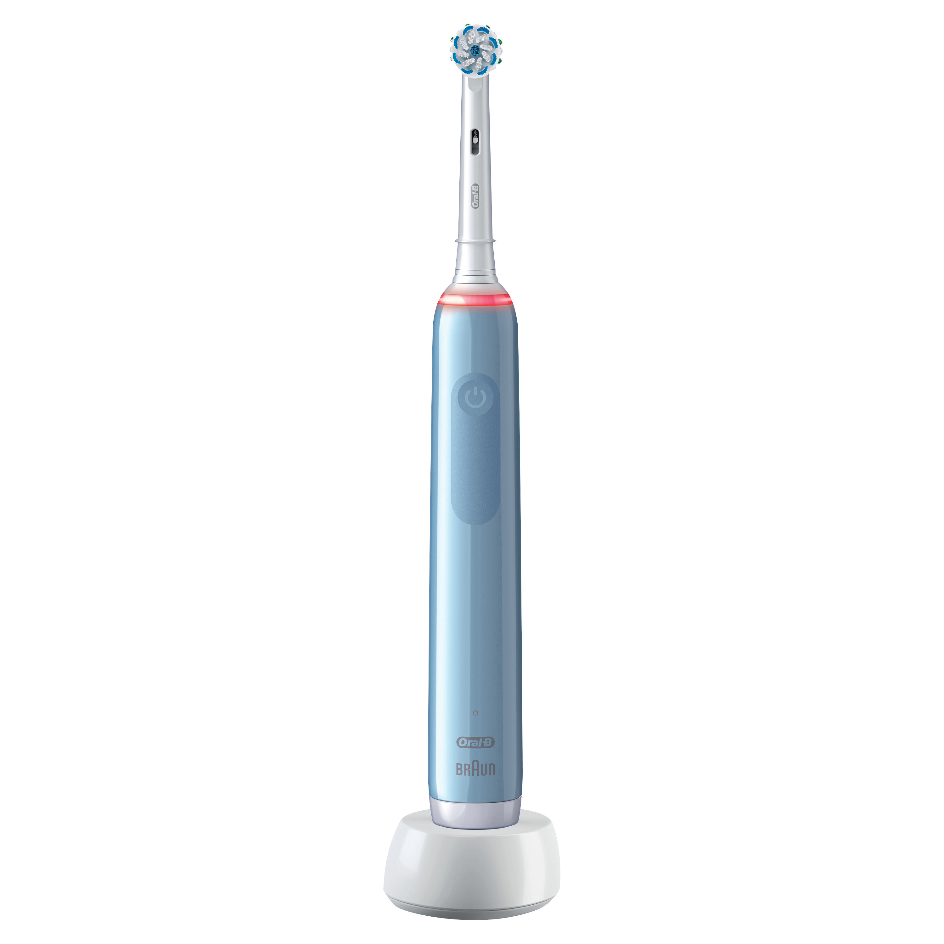 Blaue elektrische Zahnbürste von Oral-B mit weißer Ladestation.