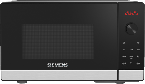 Dijital ekranlı siyah Siemens mikrodalga fırın. Tuşları vardır: güç, başlat, durdur ve kg.