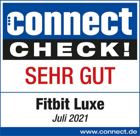 Logo 'connect CHECK! SEHR GUT', avec 'Fitbit Luxe' et la date 'Juli 2021'.