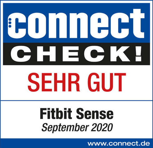 Logo Connect Check! con testo. Fitbit Sense. Settembre 2020. Sfondo bianco e blu.