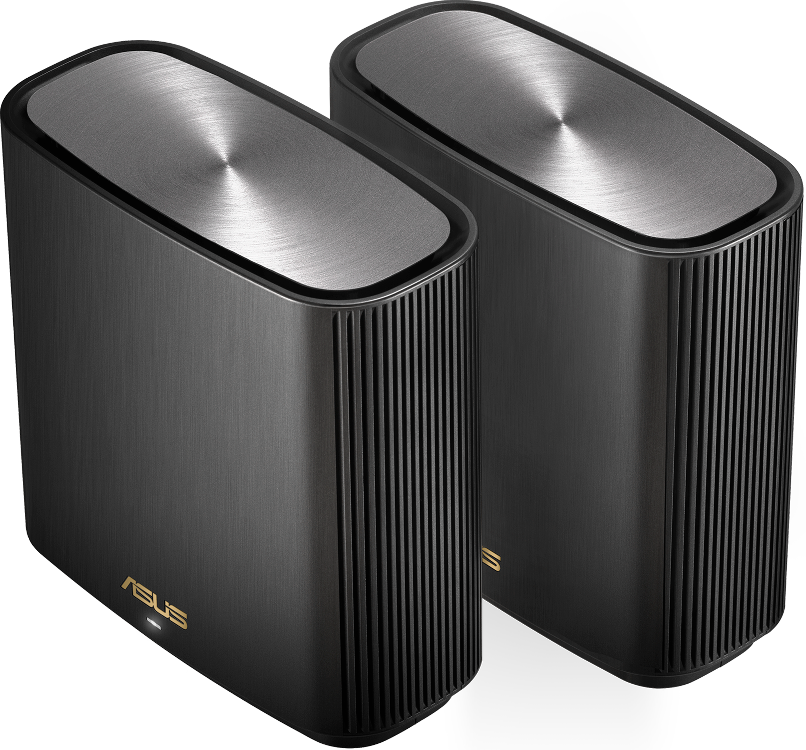 Two black routers with silver tops, side by side. The ASUS logo is visible.