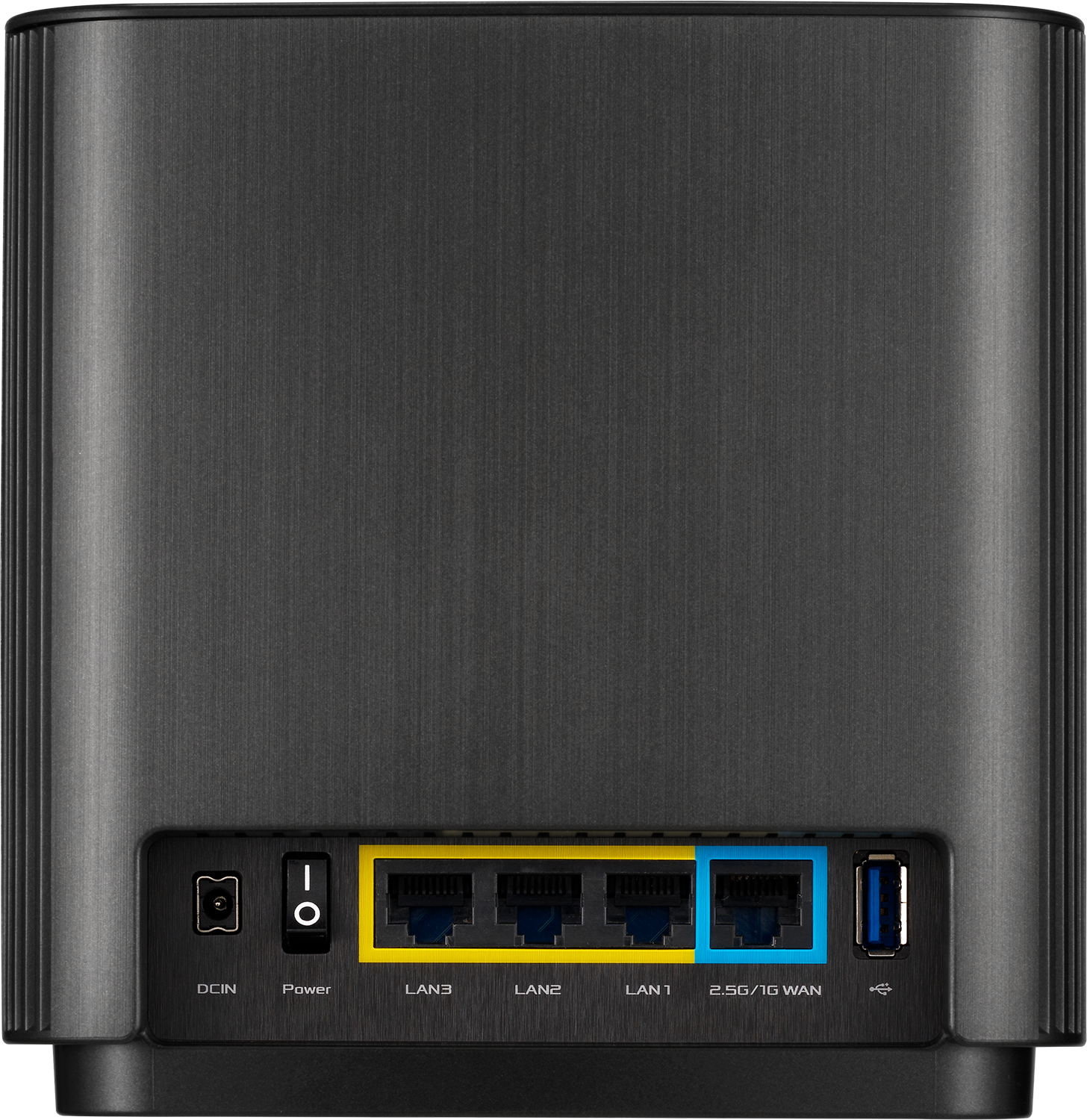 The back of a black router with several ports, the back is dark gray.