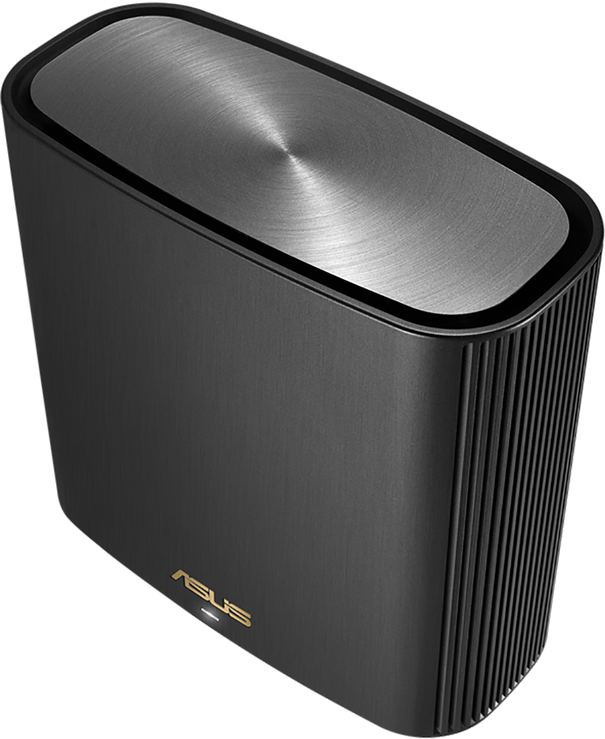 A black Asus router, standing upright. The Asus logo is visible.