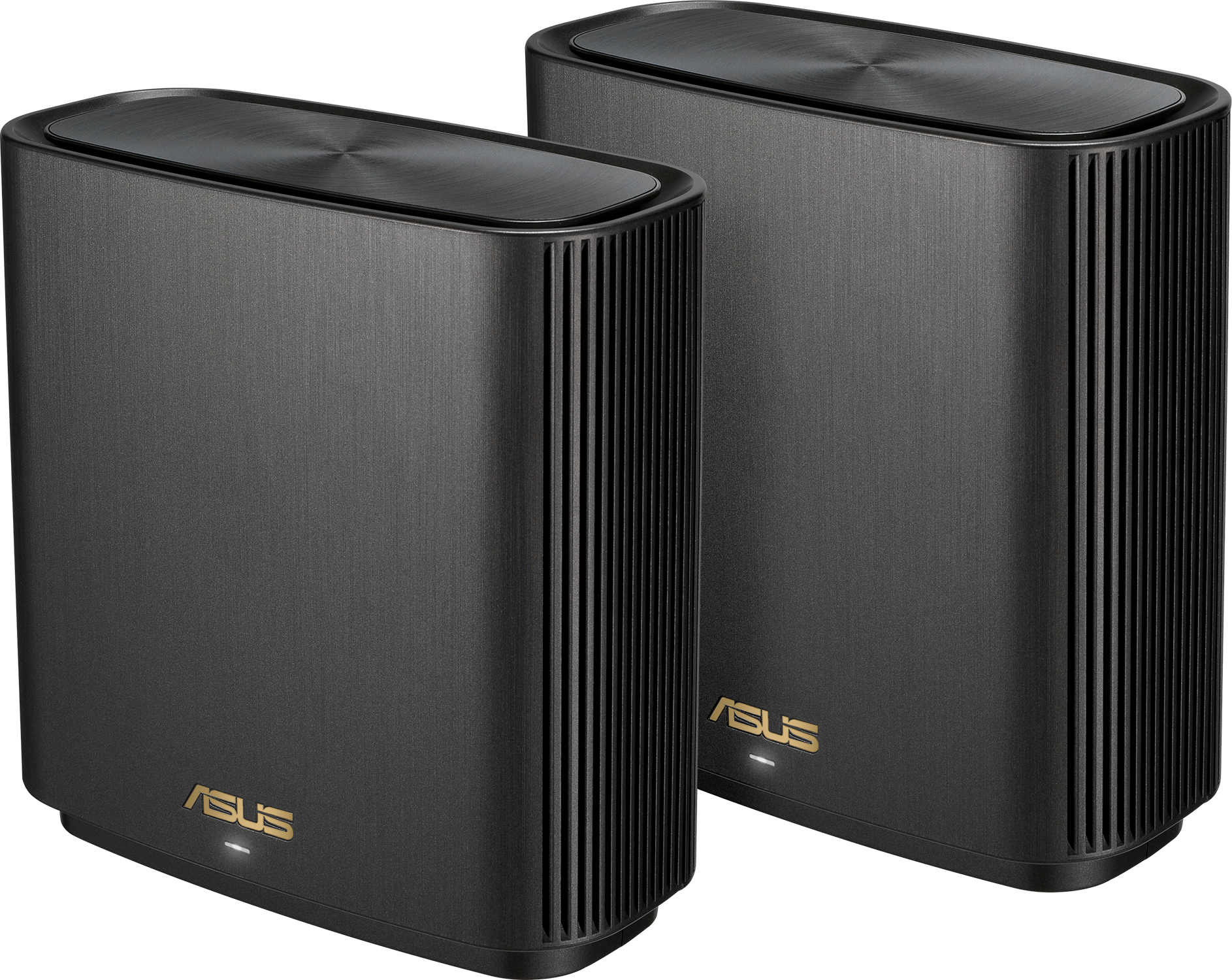 Two black Asus mesh wifi devices with gold logo, ribbed sides, and small lights.