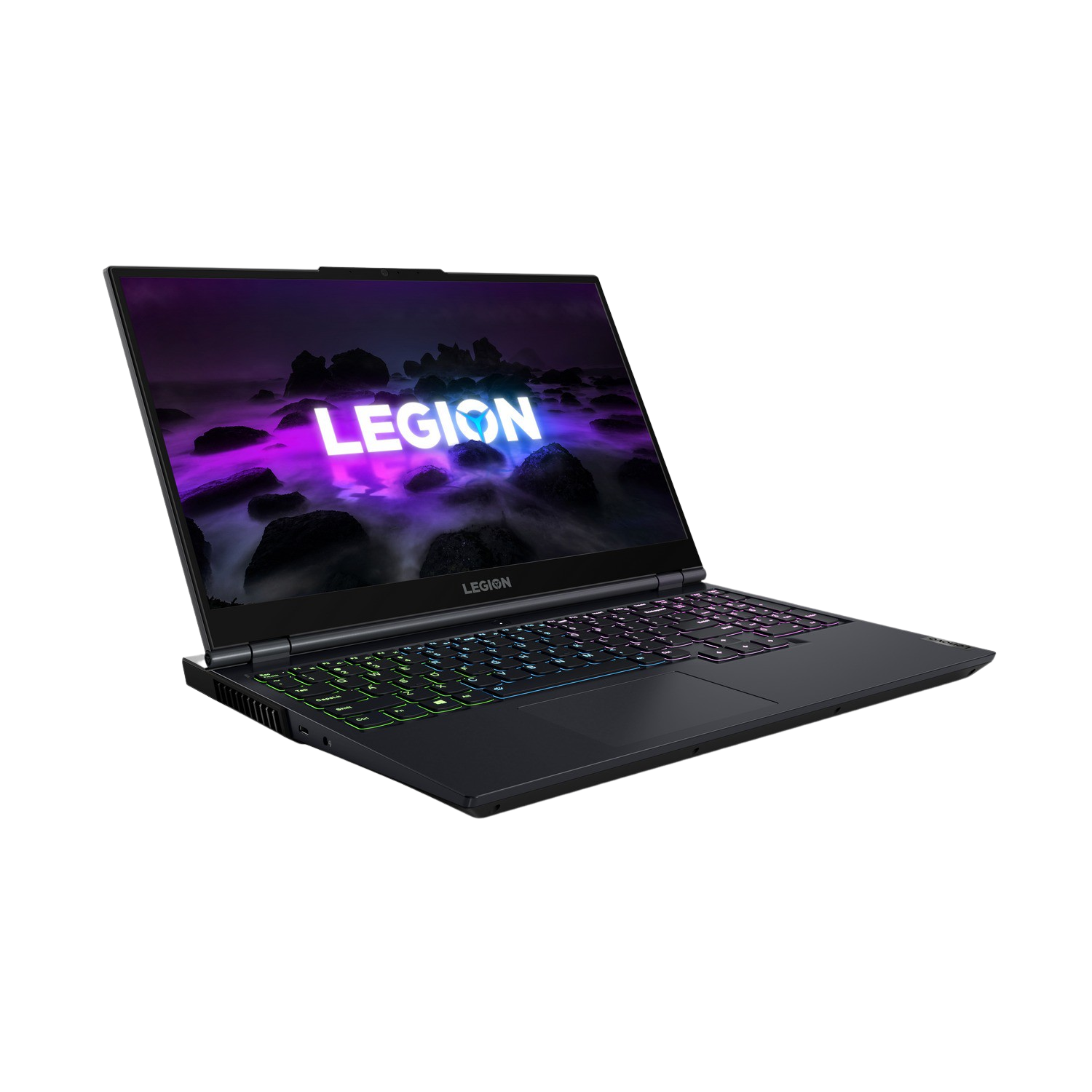 Laptop Lenovo Legion negro con pantalla iluminada. La palabra "LEGION" brilla intensamente.