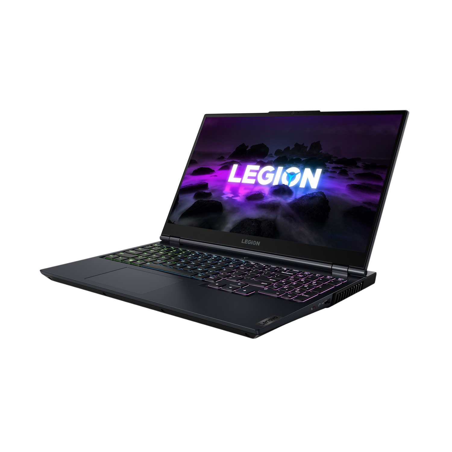 Portátil negro con pantalla encendida que muestra la palabra LEGION, sobre un fondo negro.