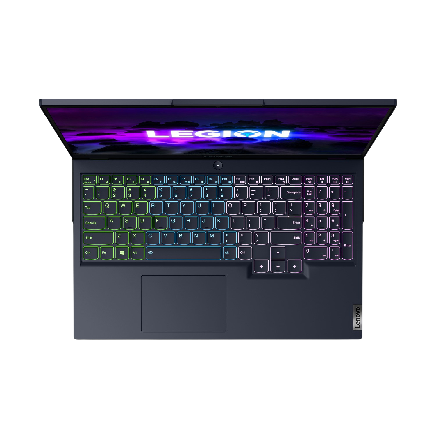 Teclado de portátil con teclas iluminadas, pantalla muestra imagen vibrante, fondo negro.