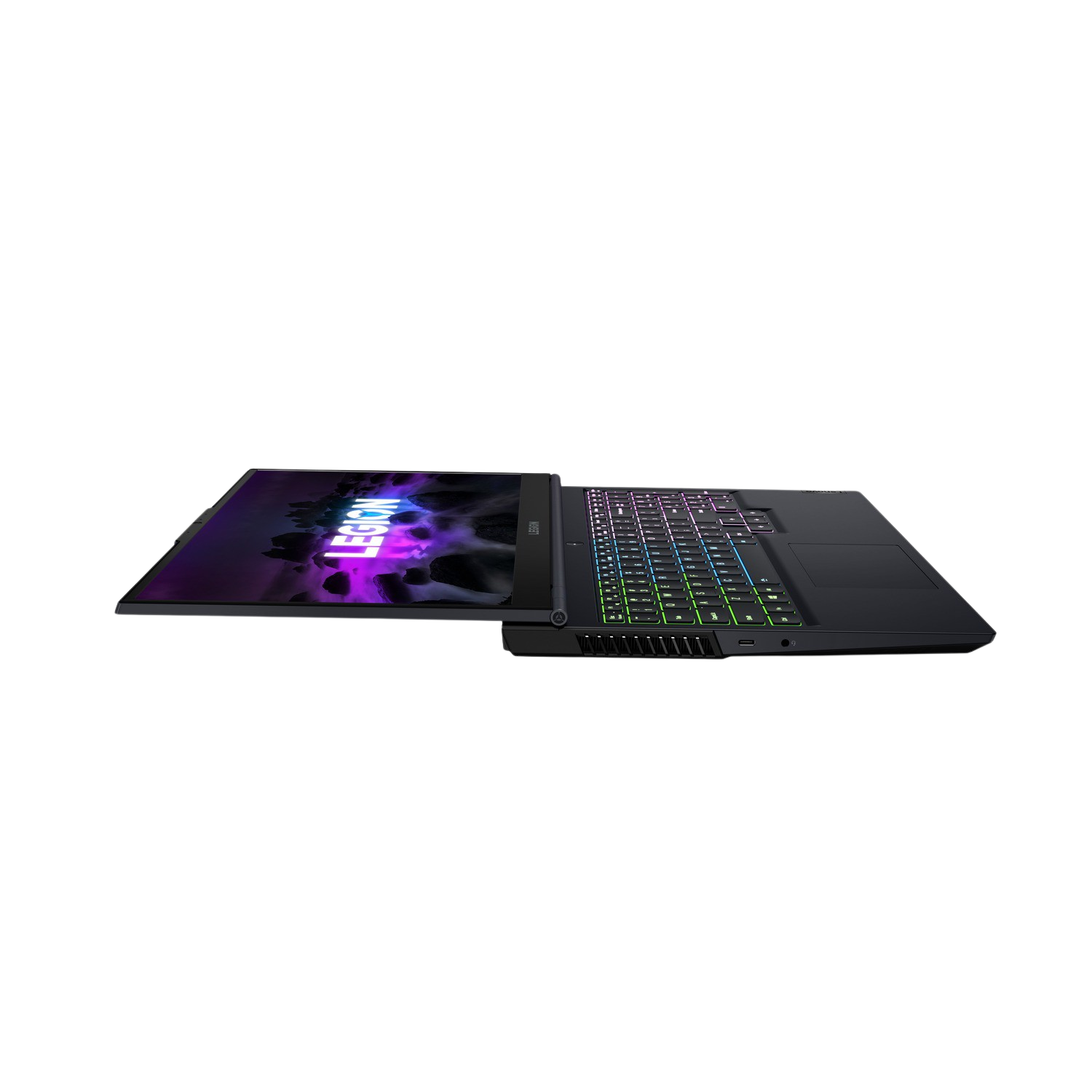 Ordenador portátil negro, parcialmente abierto, que muestra un logotipo colorido. El teclado está iluminado.