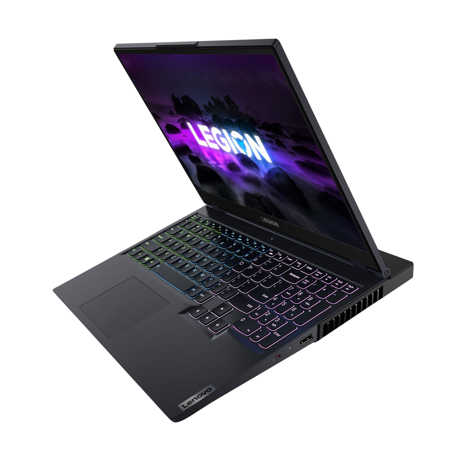 Ordenador portátil Lenovo Legion, con teclado iluminado, abierto en ángulo.