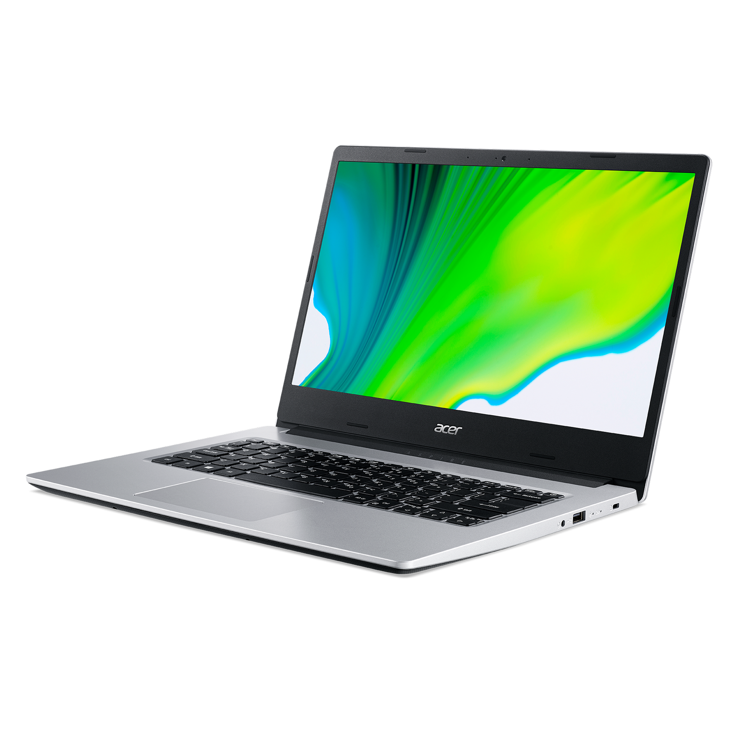 Portátil Acer plateado sobre superficie negra. Pantalla gradiente verde y azul. Vista abierta.