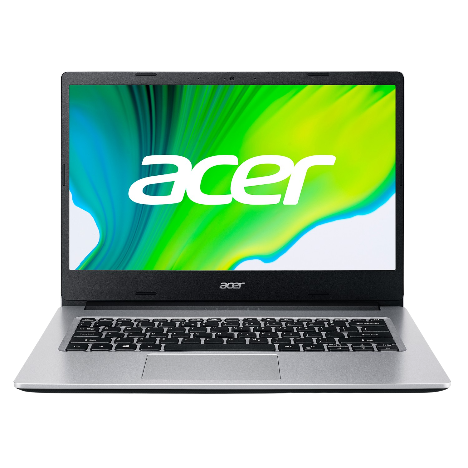Portátil plateado con pantalla con el logo de Acer. Teclado negro y marco negro.