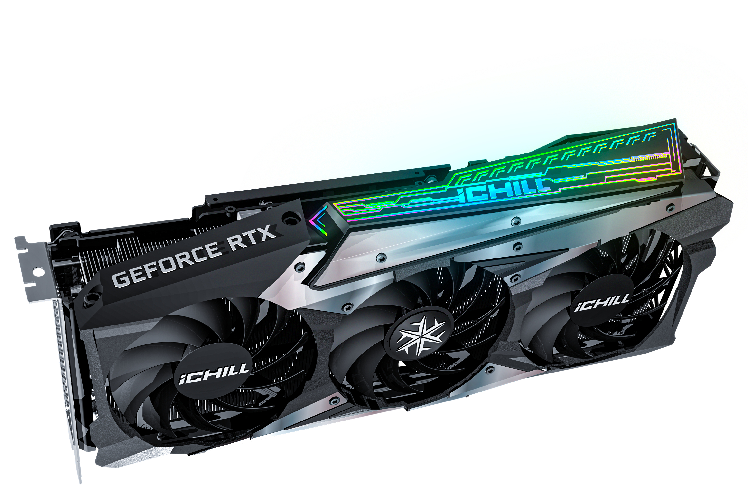 Gaming-Grafikkarte mit drei Lüftern, iChill-Logo und GeForce RTX-Marke.